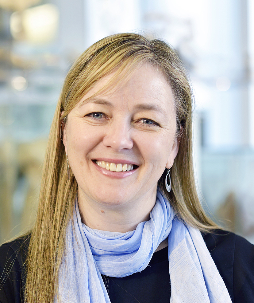 A head-shot of a middle-aged professional woman with long blonde hair, she is smiling and wearing a pale purple scarf.